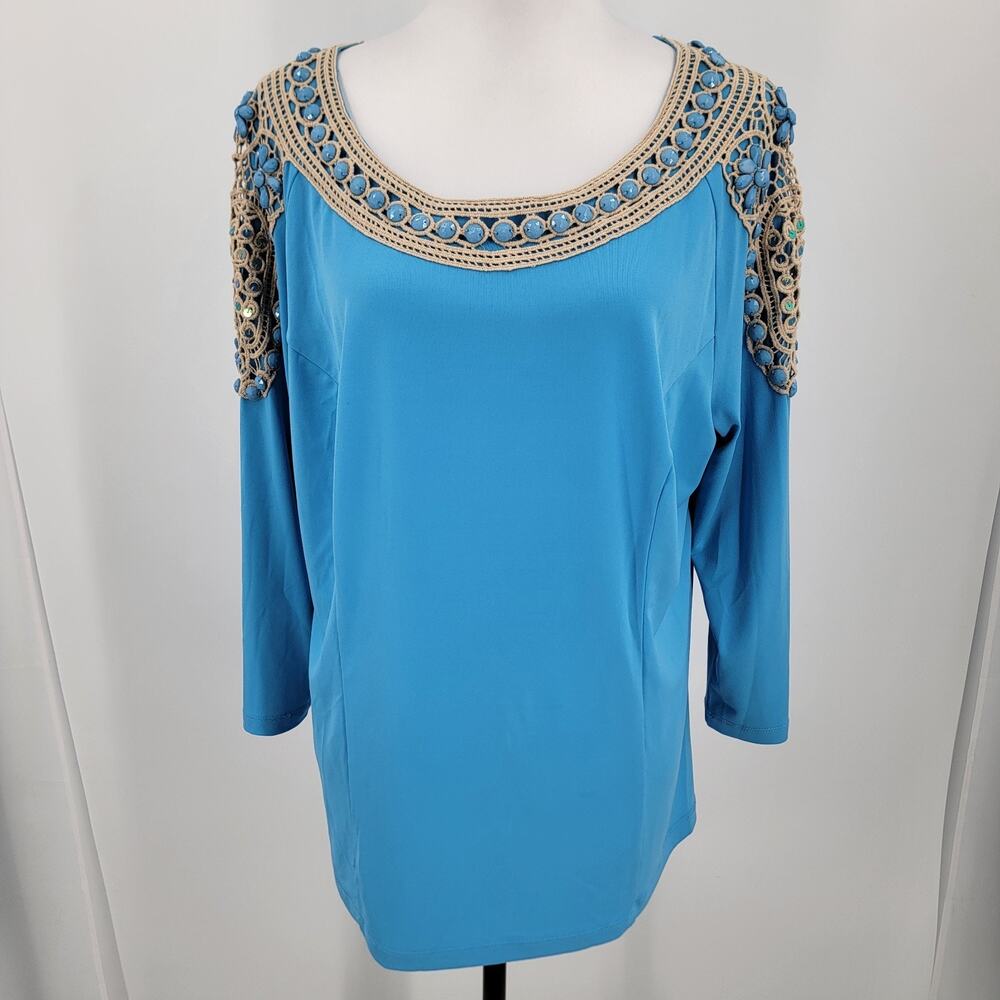 Simonton Says Blouse Womens Large Blue Beige Crochet Trim Beaded Sequins